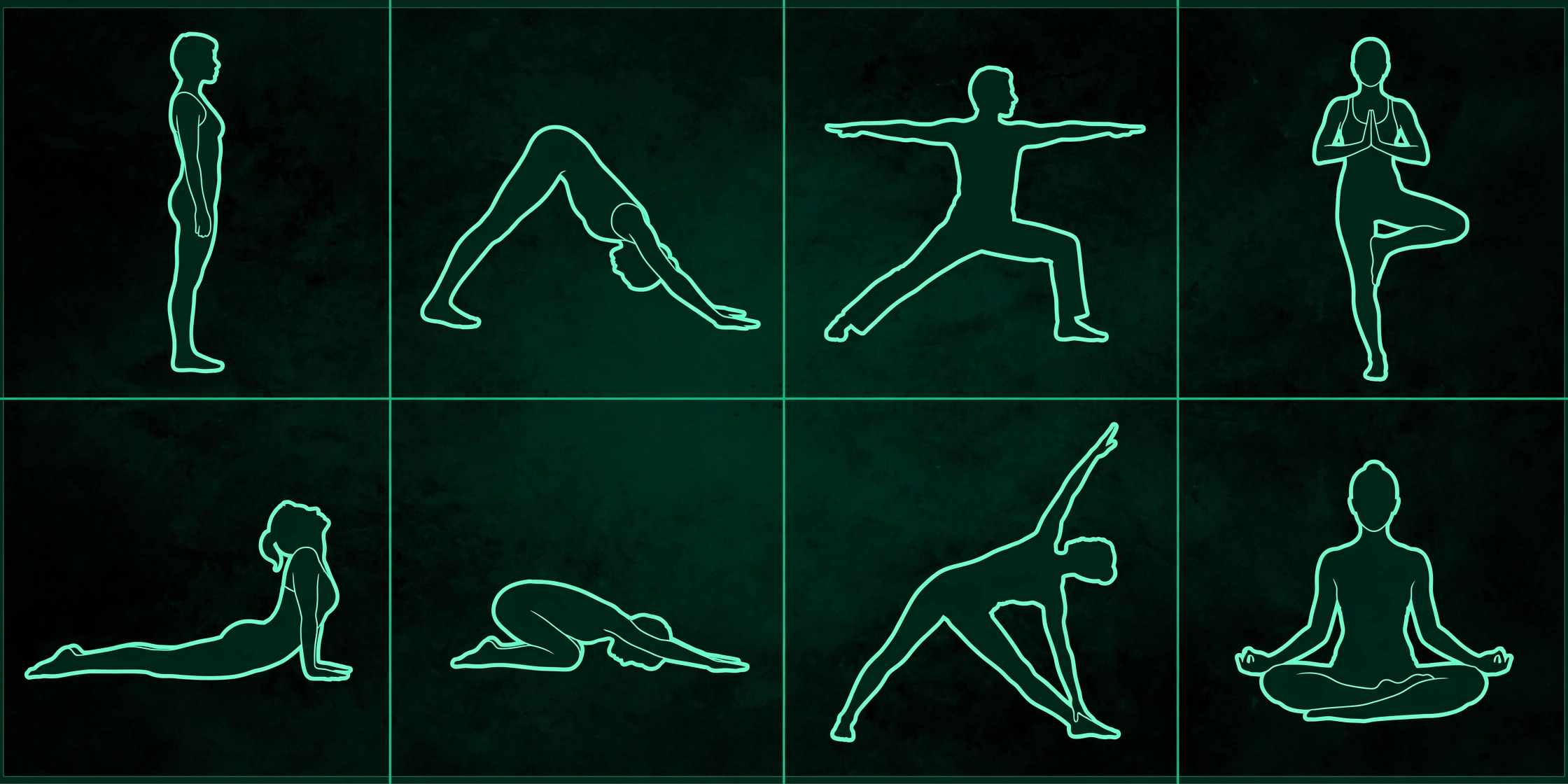 Diagram of eight classic yoga poses